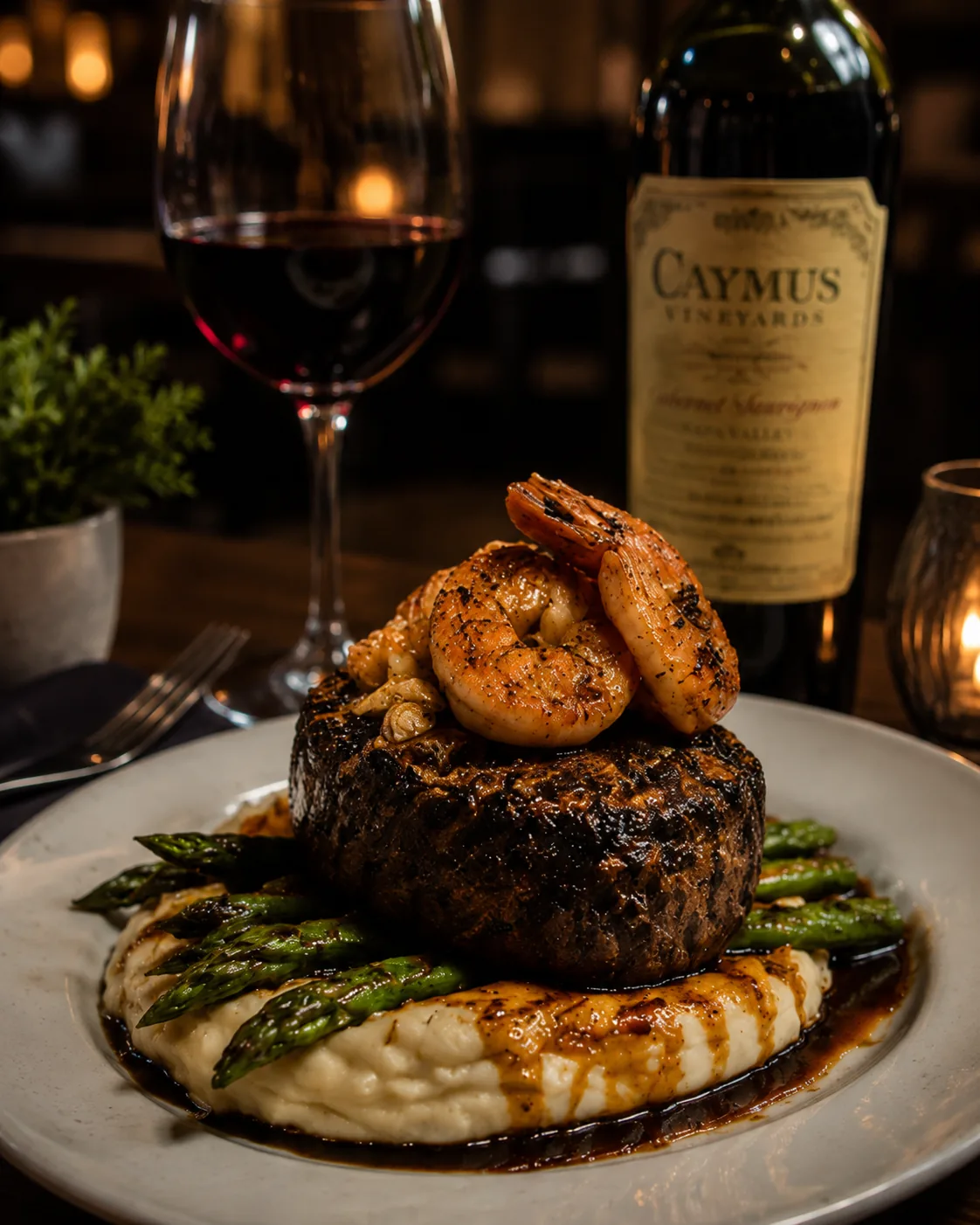 Filet topped with shrimp prepared at Montez