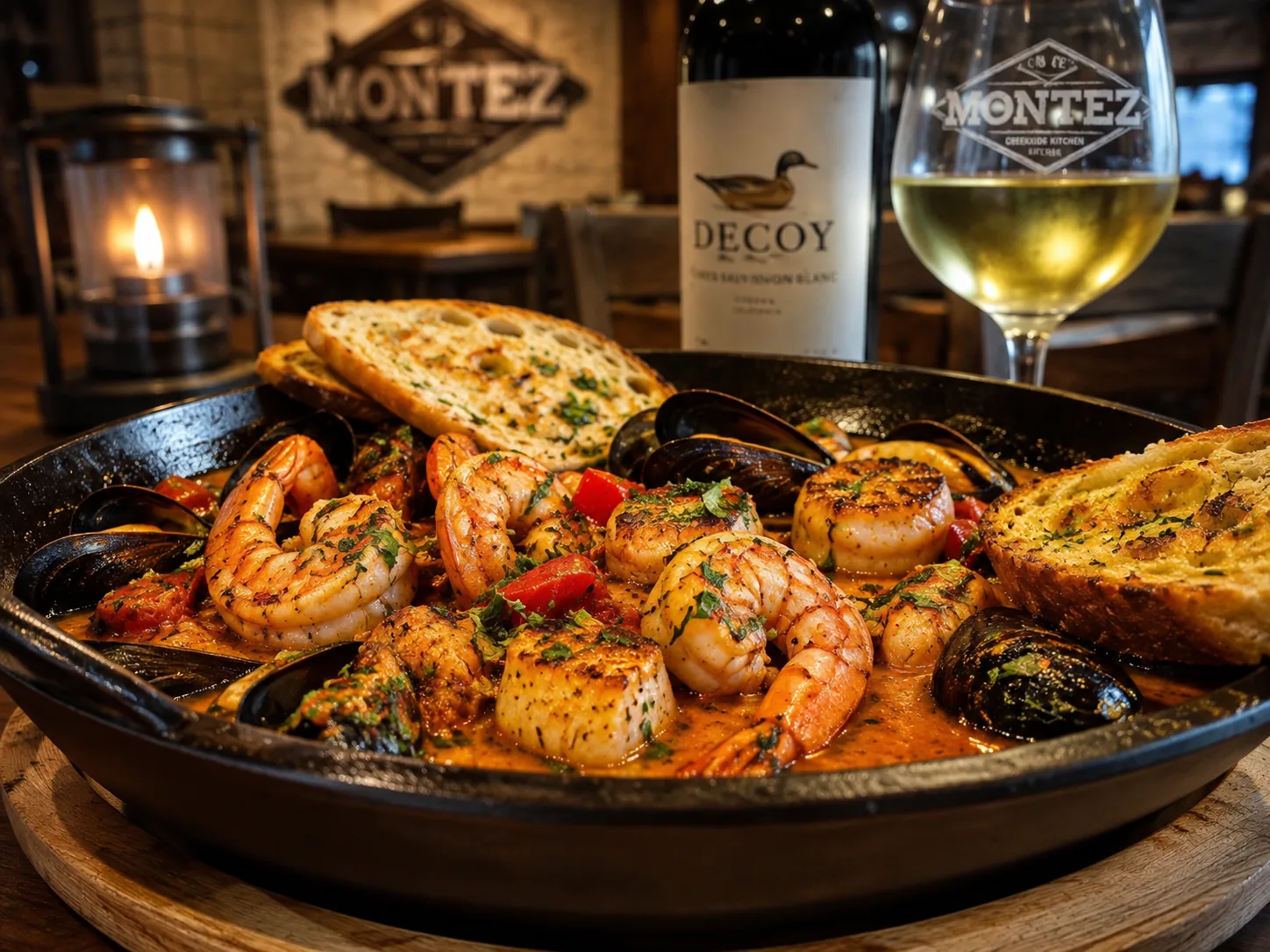 Seafood skillet with shrimp, scallops and mussels