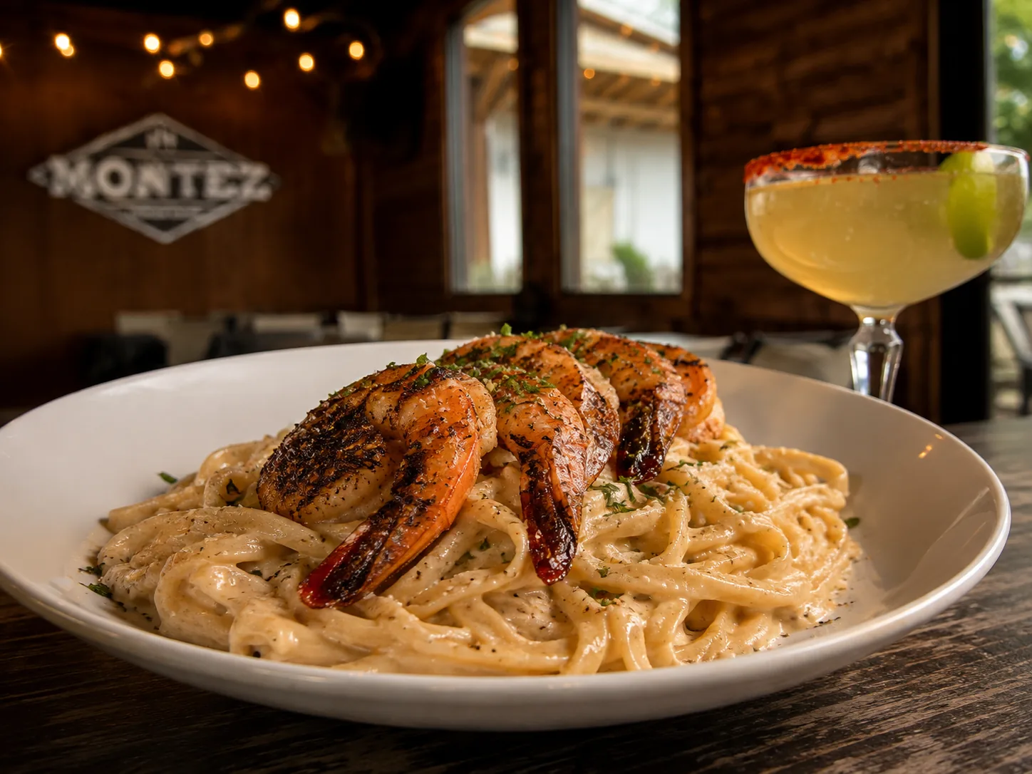 Shrimp pasta served with a margarita